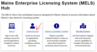 A screen shot providing a view of the software that corresponds to the instructional text. Image shows MELS Hub home page with an arrow directing users to the second large tile that, when clicked on, will start users down the path to creating an account.