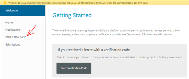 A screen shot providing a view of the software that corresponds to the instructional text. The screen shot has an arrow pointing to the "Start a New Form" option which is the third option down on the left hand side of the screen.