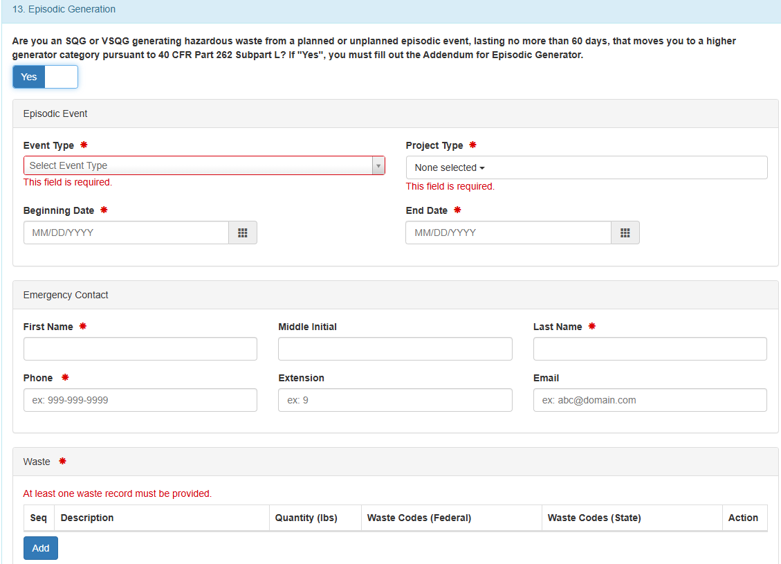 EPA Form 8700-12, Section 13 – Notification of Episodic Generation