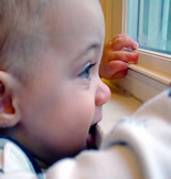 baby with mouth on window sill with lead paint