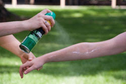 spraying mosquito repellant onto an arm