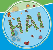 the letters hai as bacteria under a microscope