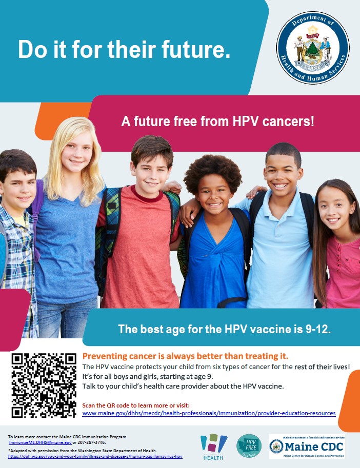 HPV prevention poster encouraging parents to vaccinate children ages 9-12 to help against HPV-related cancers. 