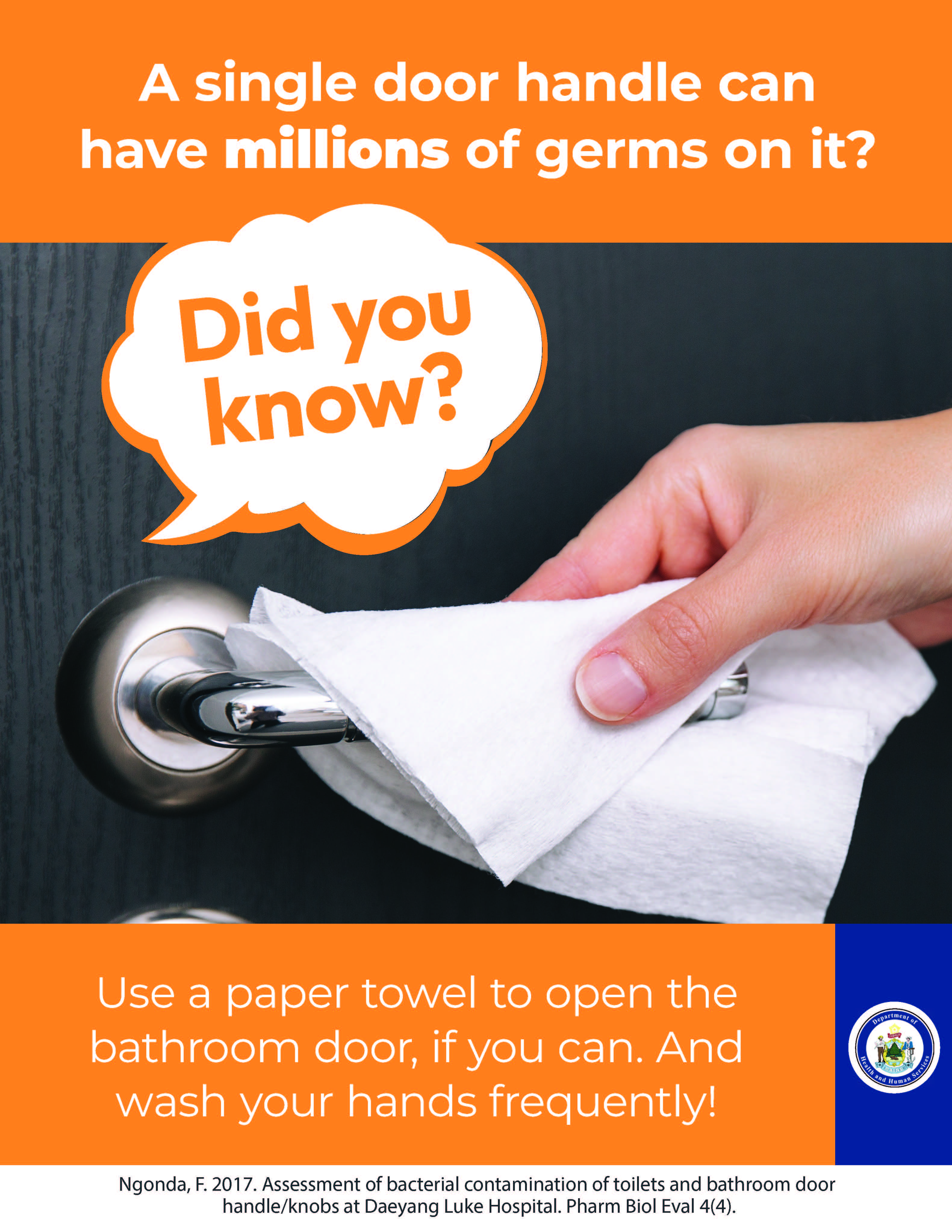 Image of a hand opening a door handle with a paper towel. Image inlcudes a fact about germs on door handles.