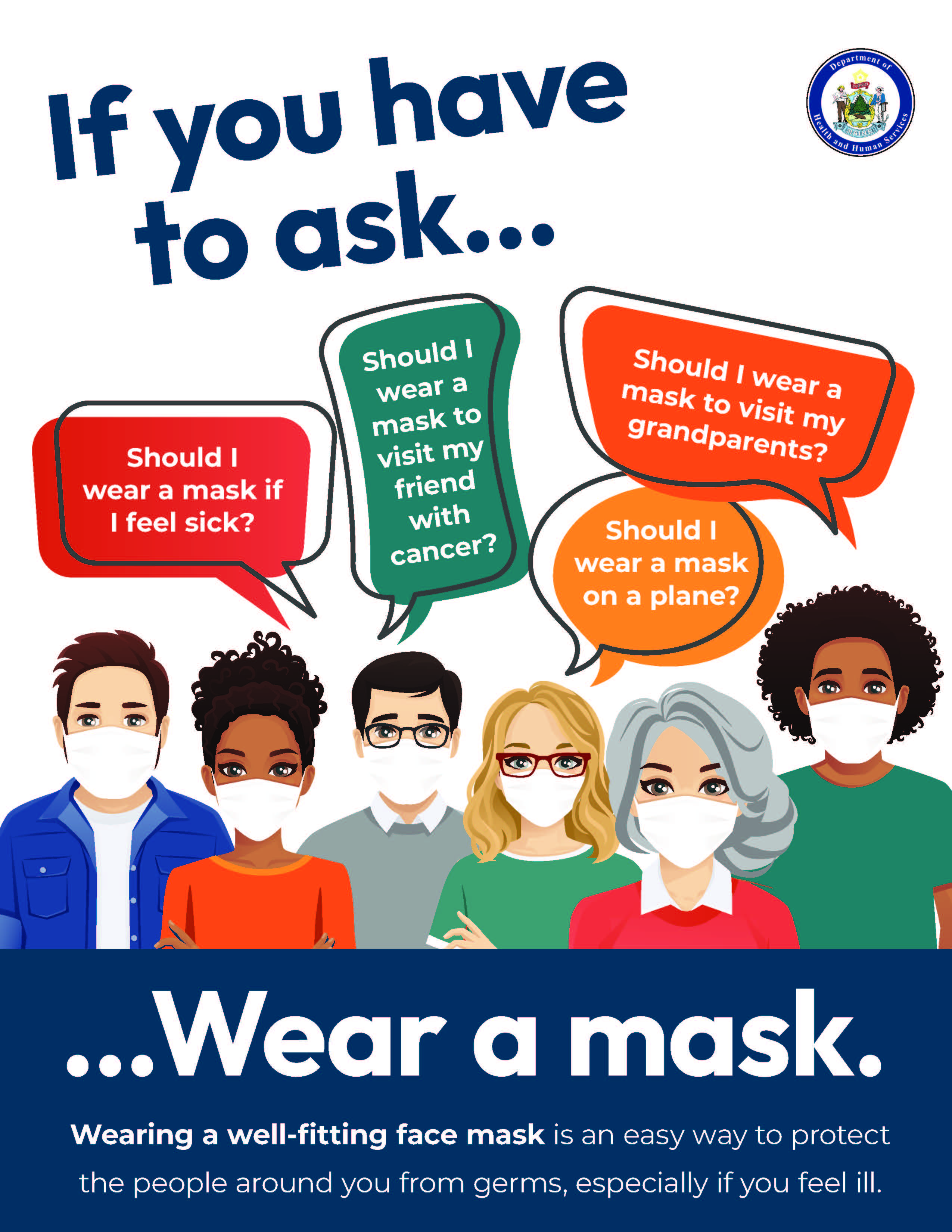 Image of people wearing masks with blurbs asking questions. If you have to ask... wear a mask. 