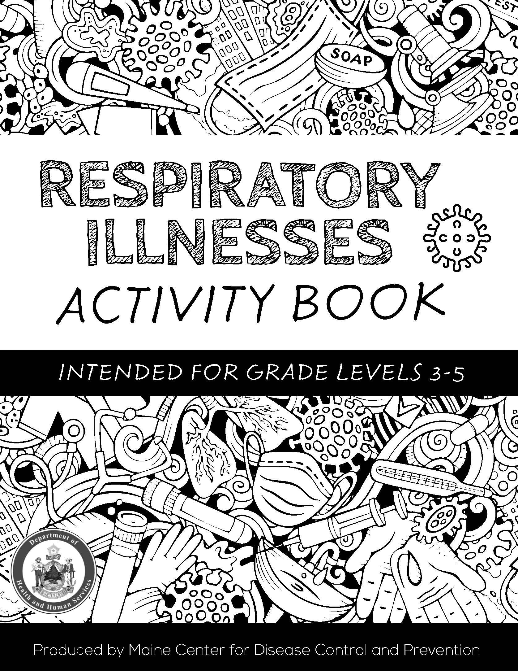 Respiratory Illness Workbook Coloring title page with icons related to health. 