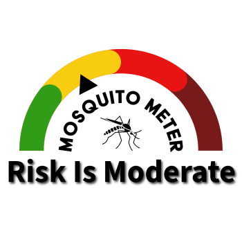 Risk meter with arrow pointed at moderate yellow level, with Mosquito Meter Risk is Moderate written below.