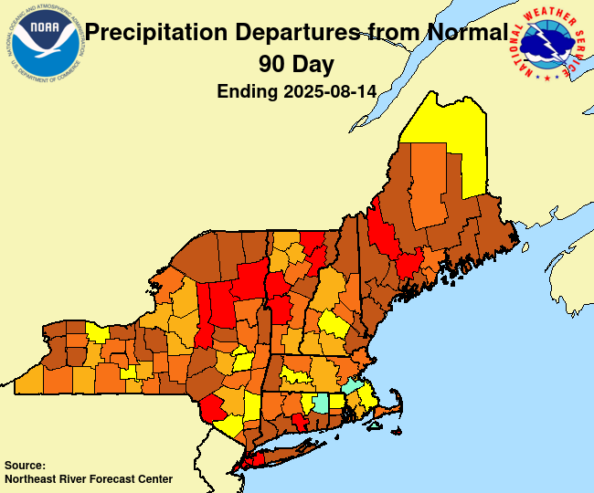 Map of New England and New York, identifying departures in normal precipitation by county.
