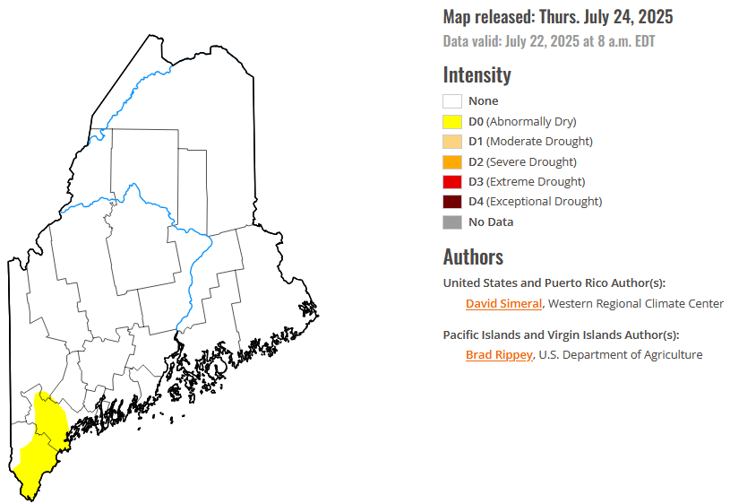 Map of Maine illustrating current drought/dry areas. As of July 24, 2025, only southern York and Cumberland counties are noted, both as "abnormally dry".
