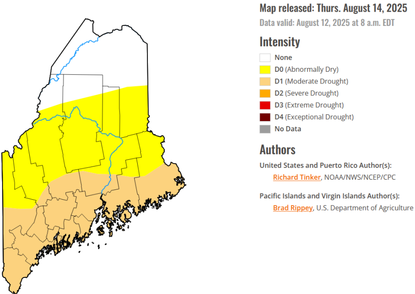 Map of Maine showing regional drought conditions.