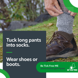 Background image of person from mid-calf down wearing a hiking boot tucking long khaki pants into tall grey socks. The image text says "Tuck long pants into socks. Wear shoes or boots. Be Tick Free ME." 