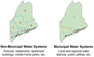 Maps of Maine showing the non-municipal and municipal public water system inspection districts.