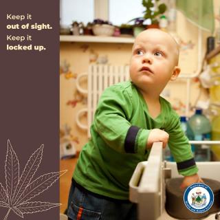 Toddler reaching into a drawer. Headline is Keep it out of site. Keep it locked up.