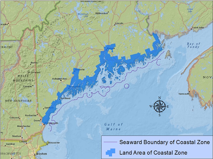 Map showing Maine coastal zone and land area of coastal zone