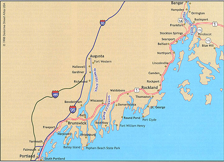 Map of Maine's Coast from South Portland to Blue Hill