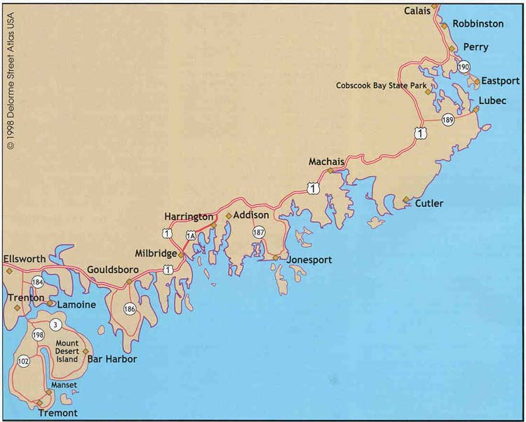 Map of Maine's Coast from Ellsworth to Calais