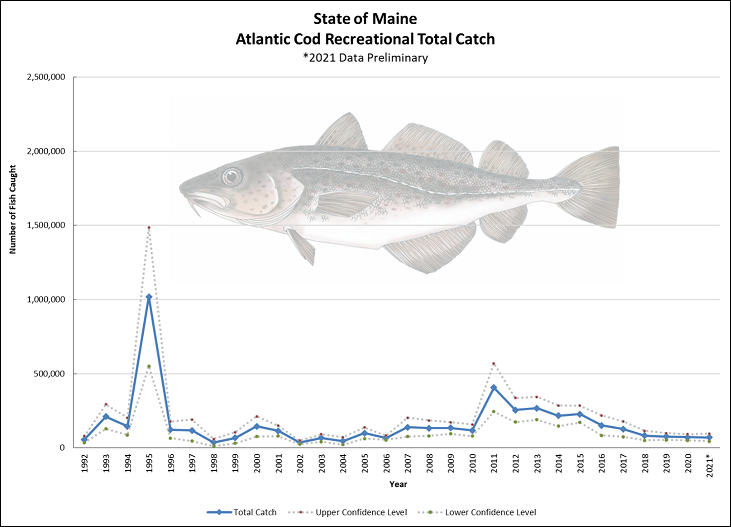 Graph of annual numbers of cod caught in 1992 to 2021 with a peak of about 1 million in 1995