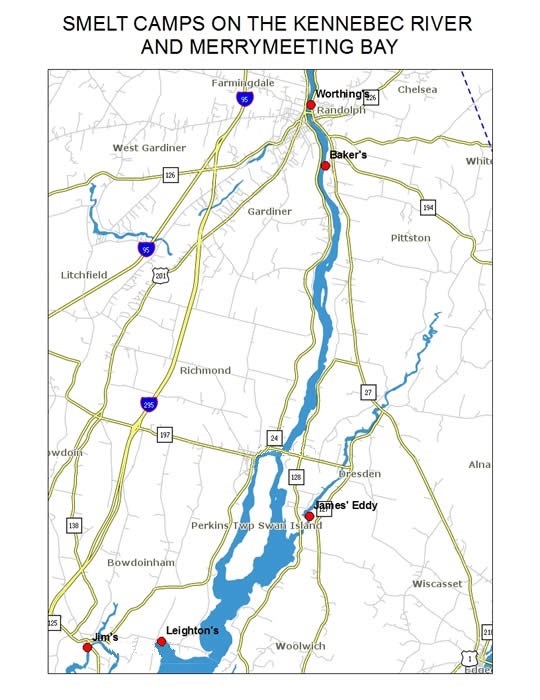 Map of Kennebec River- Merrymeeting Bay area showing locations of 5 smelt camps