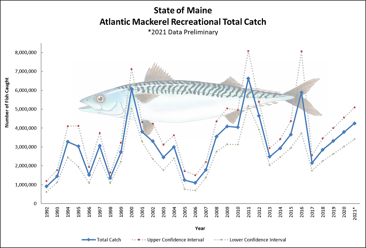 Graph of annual numbers of mackerel caught in 1992 to 2021 peaking at over 6 million in 2011