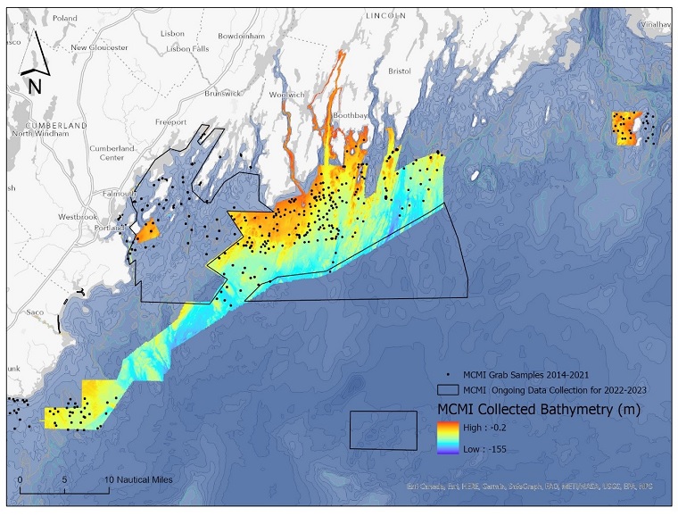 Maine coastline with bathymetry of areas mapped from Kennebunk to Matinicus
