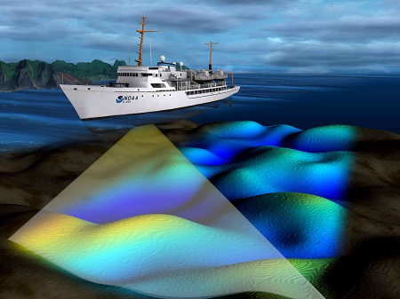 NOAA vessel using multibeam sonar to map the ocean floor