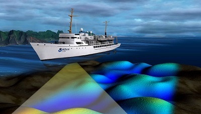 NOAA vessel showing multibeam sonar swath