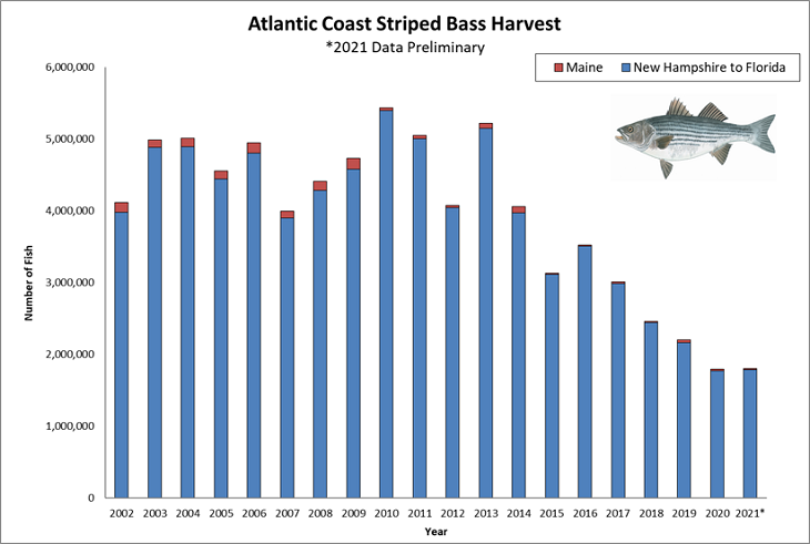 Graph of Maine landings compared with other Atlantic coast states 2002 to 2021; highest coastal total was about 5.5 million in 2010
