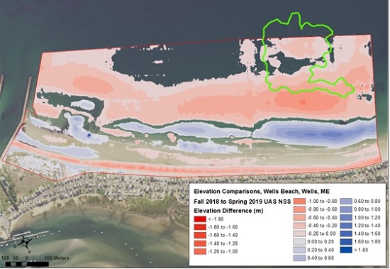 Wells Beach volume changes from fall 2018 to spring 2019