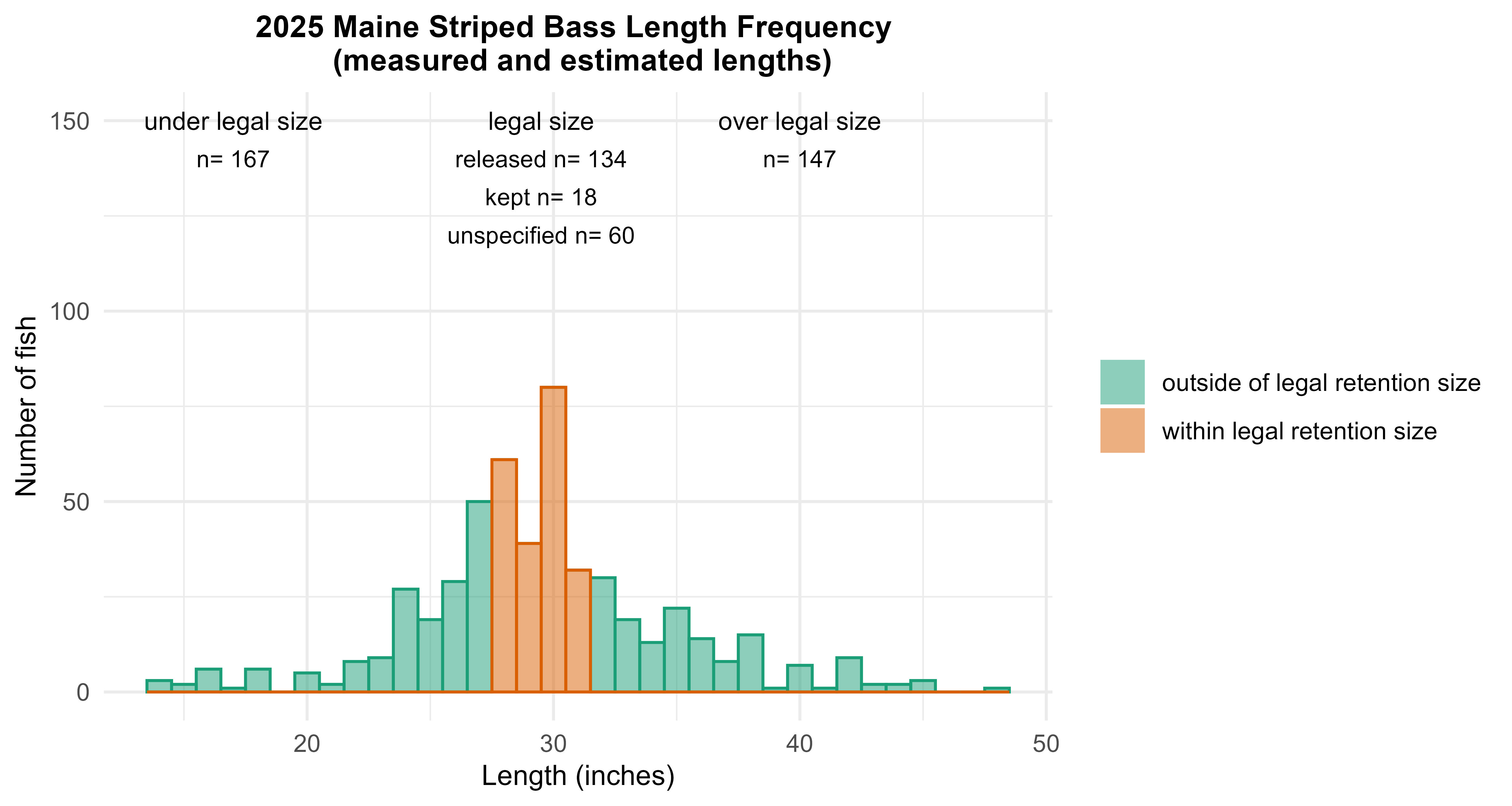 2025 Maine Striped Bass Length Frequency (measured and estimated lengths)
