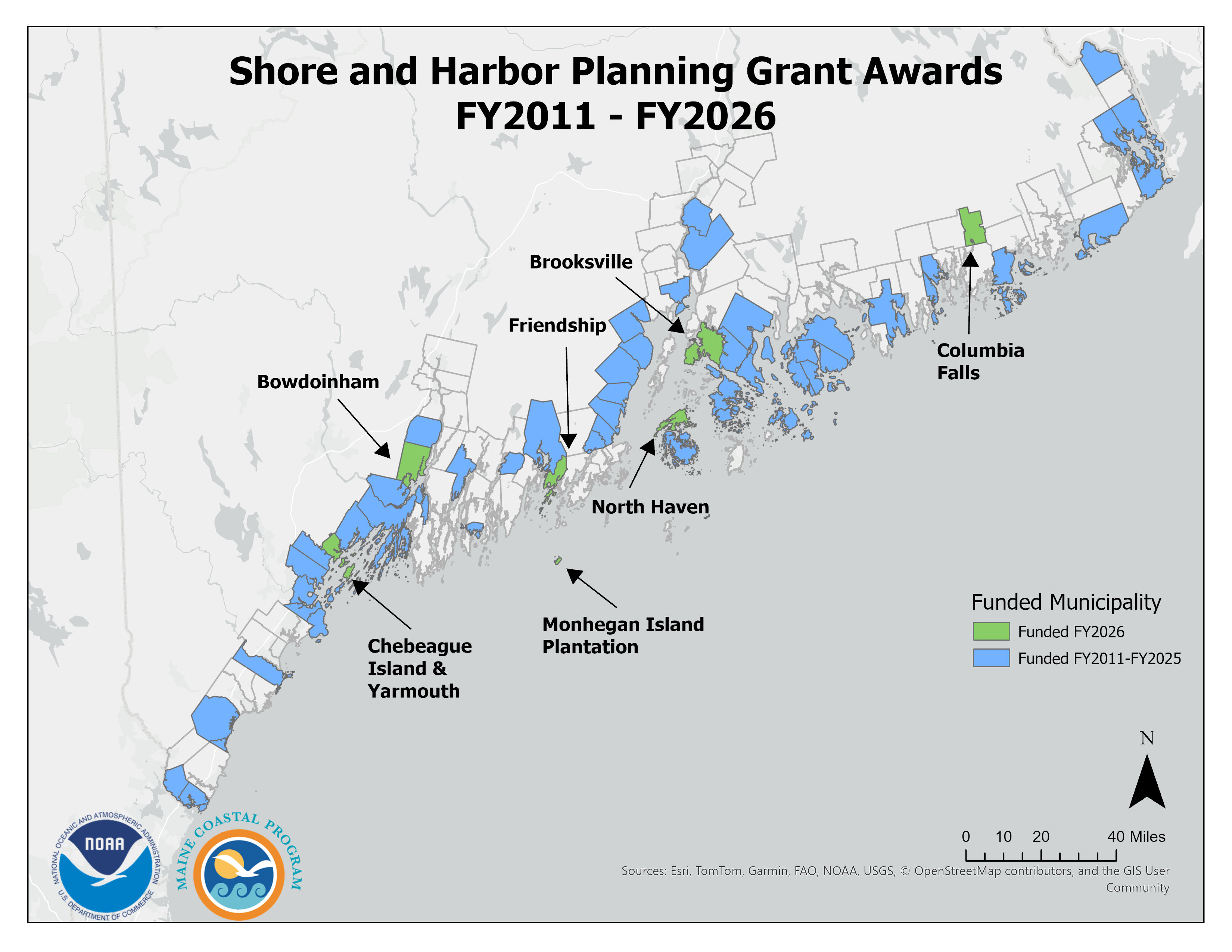 Funded municipalities from FY2011 to FY2026. The seven funded projects from FY2026 (Chebeague Island & Yarmouth, Bowdoinham, Monhegan Island Plantation, Friendship, Brooksville, North Haven, and Columbia Falls) are shown on the map.