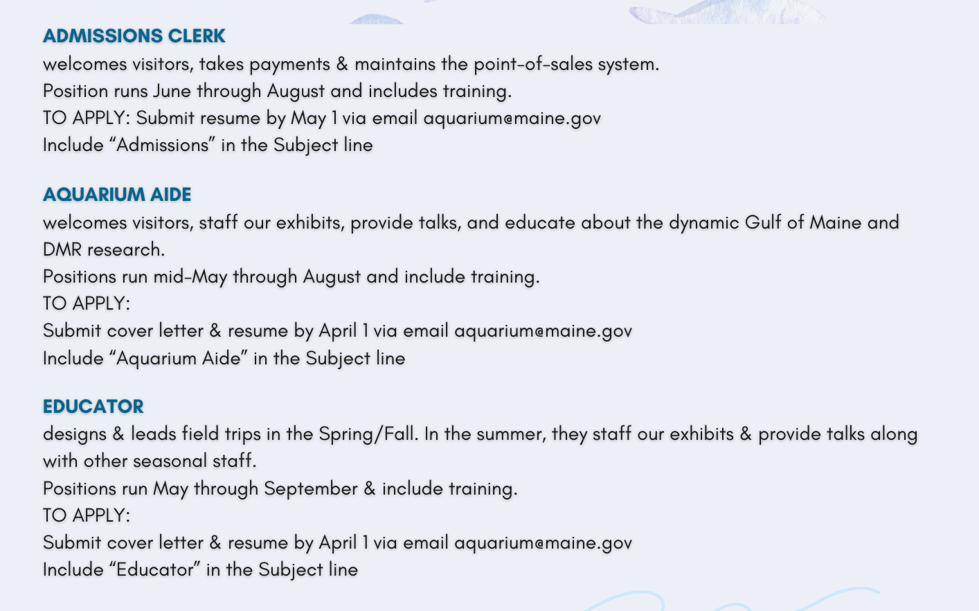 2025 Seasonal positions