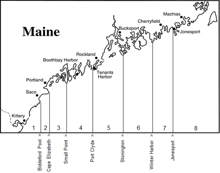 Map of coastal Maine showing the 8 areas between Kittery and Machias