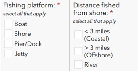 Enter the correct area fished, fishing platform, distance fished from shore