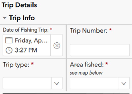 Enter the fishing trip Date and Time using the calendar and drop down