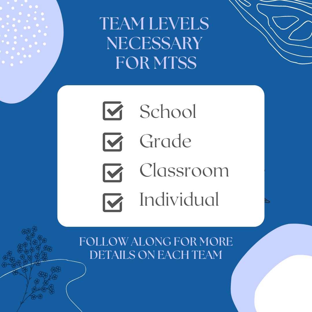 4 team levels are necessary for MTSS: School, Grade, Classroom, and Individual  

  

Follow along for more details on each team 