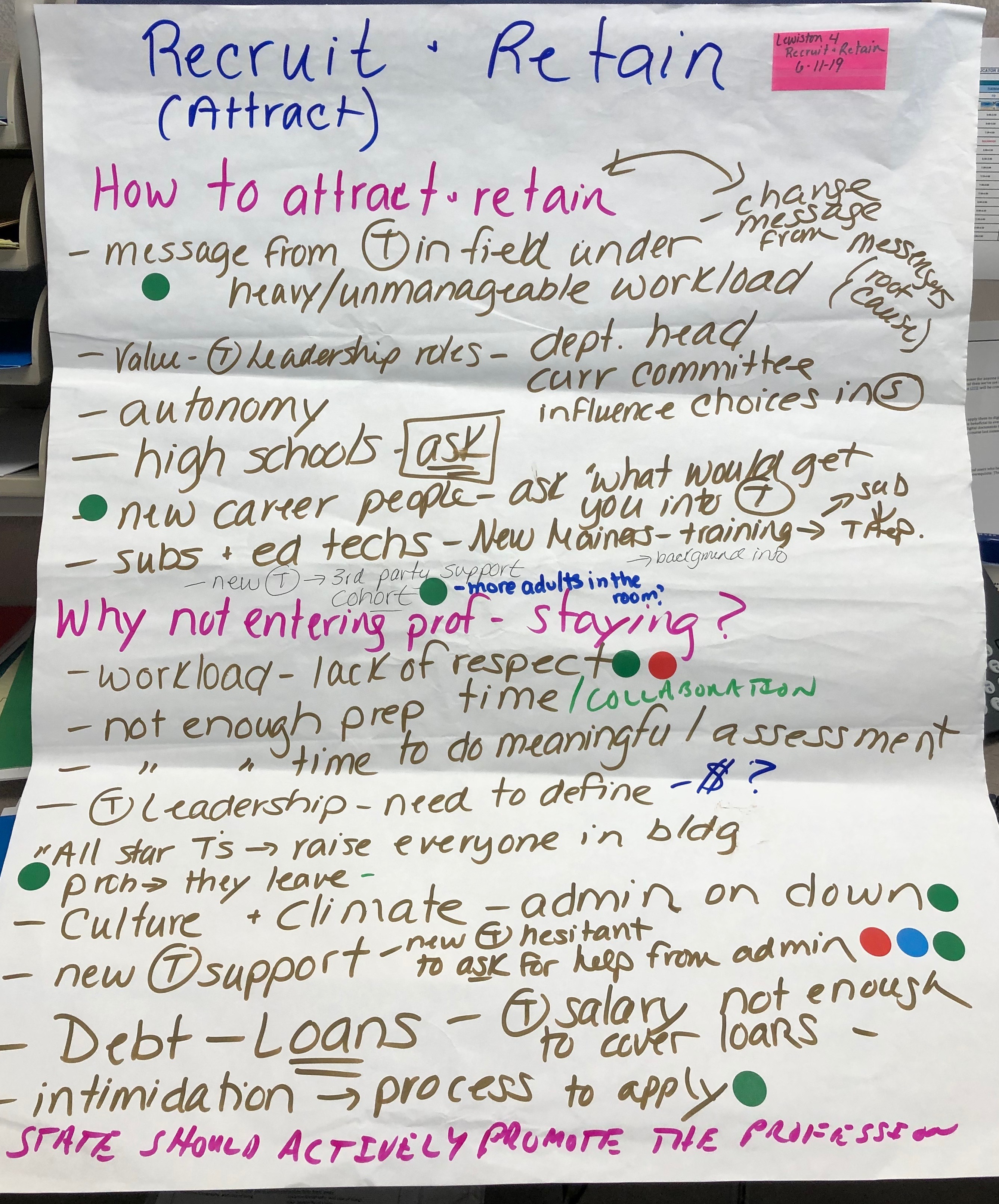 #L7 Recruit & Retain Chart Paper Notes from work session in Lewiston Maine June 2019