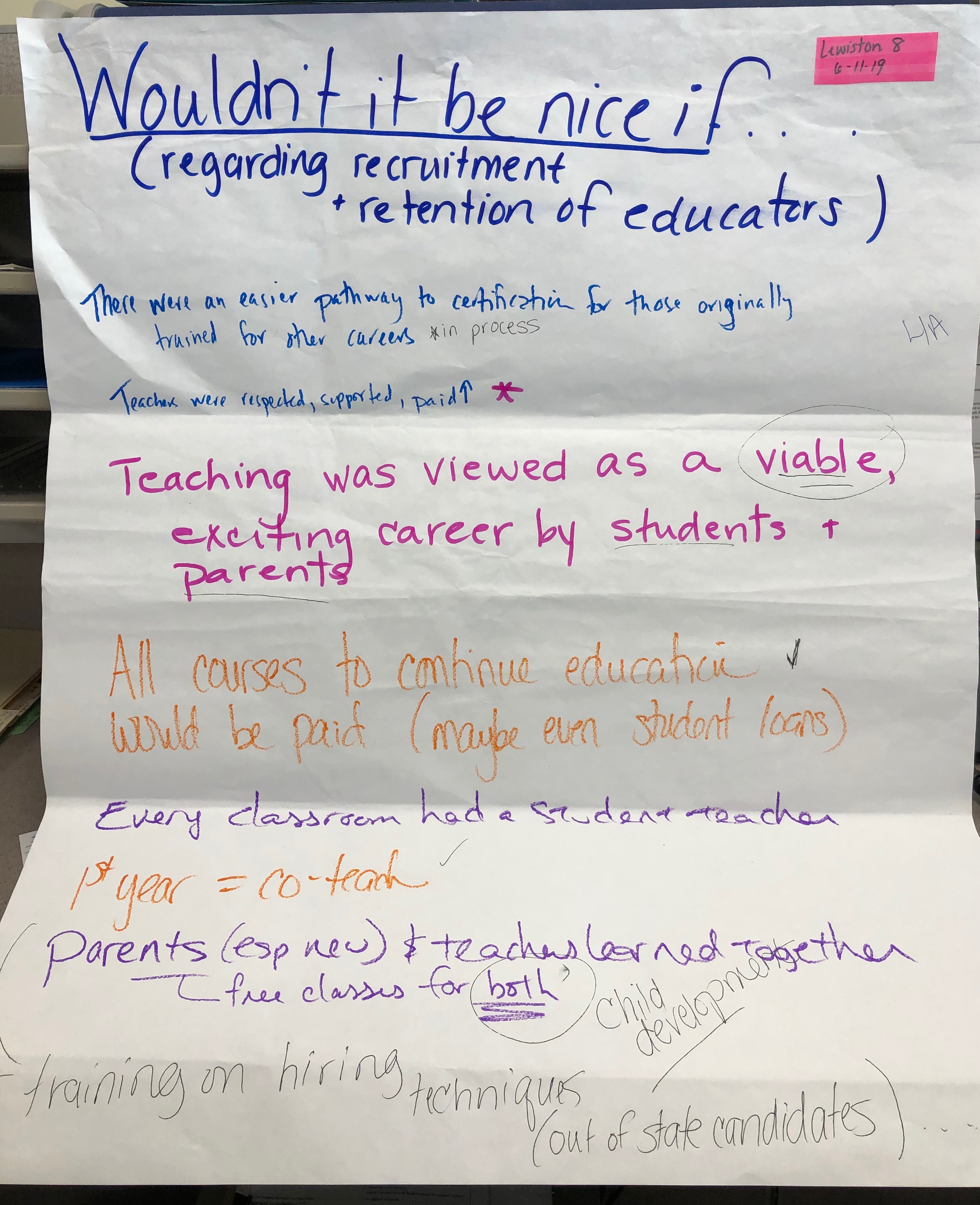 #L8 Recruit & Retain Chart Paper Notes from work session in Lewiston Maine June 2019
