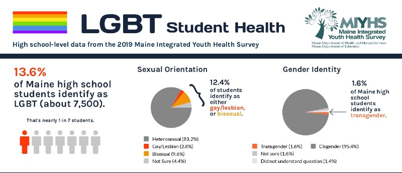 Maine Integrated Youth Health High School LGBTQ Student 2019 Survey Findings: 13.6% Maine High School Students identify as LGBT (nearly 1 in 7) 12.4% Identify as Gay/Lesbian/Bi Sexual 1.6% Identify as Transgender