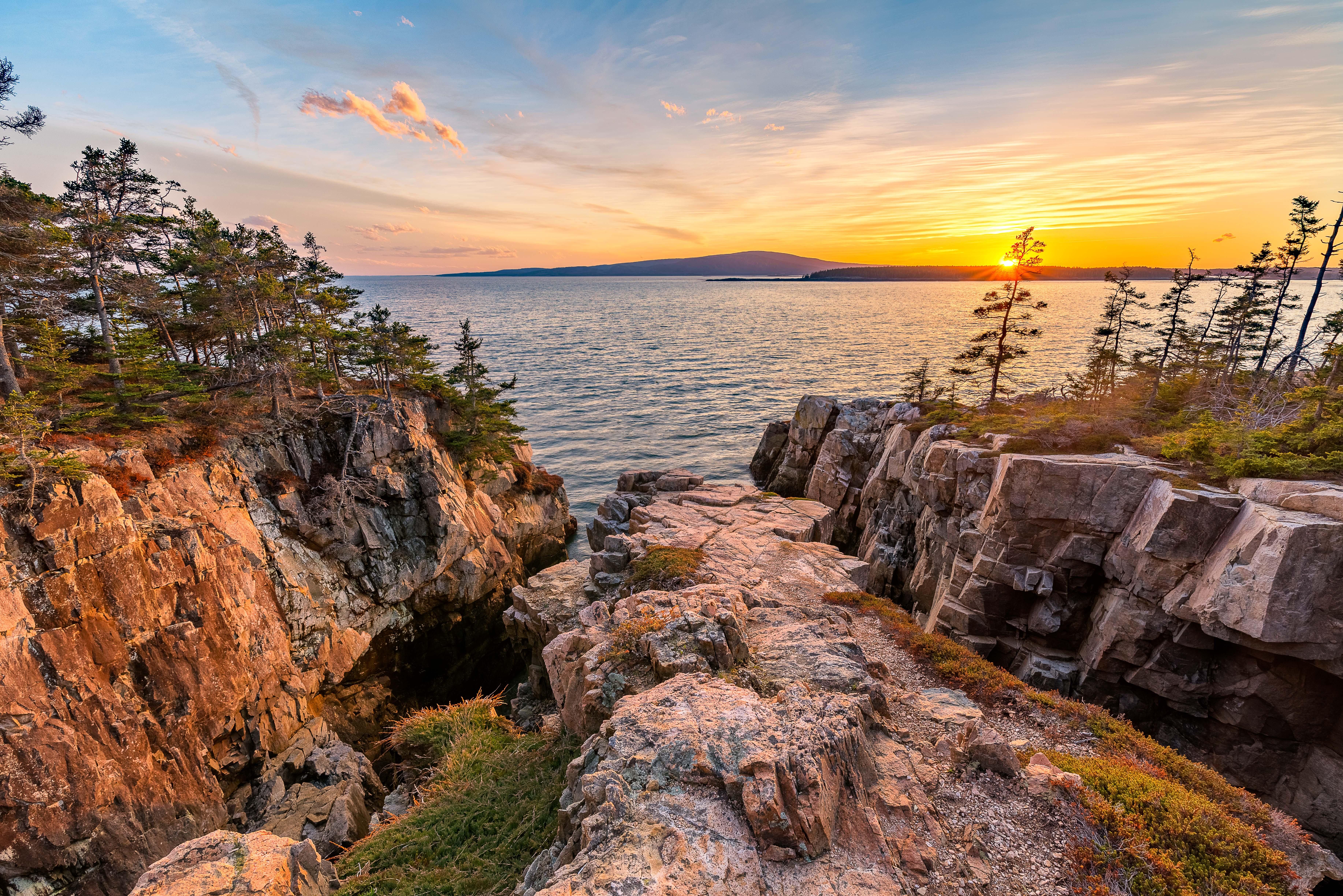 Image of Acadia National Park, cliffs with trees overlooking the water at sunrise