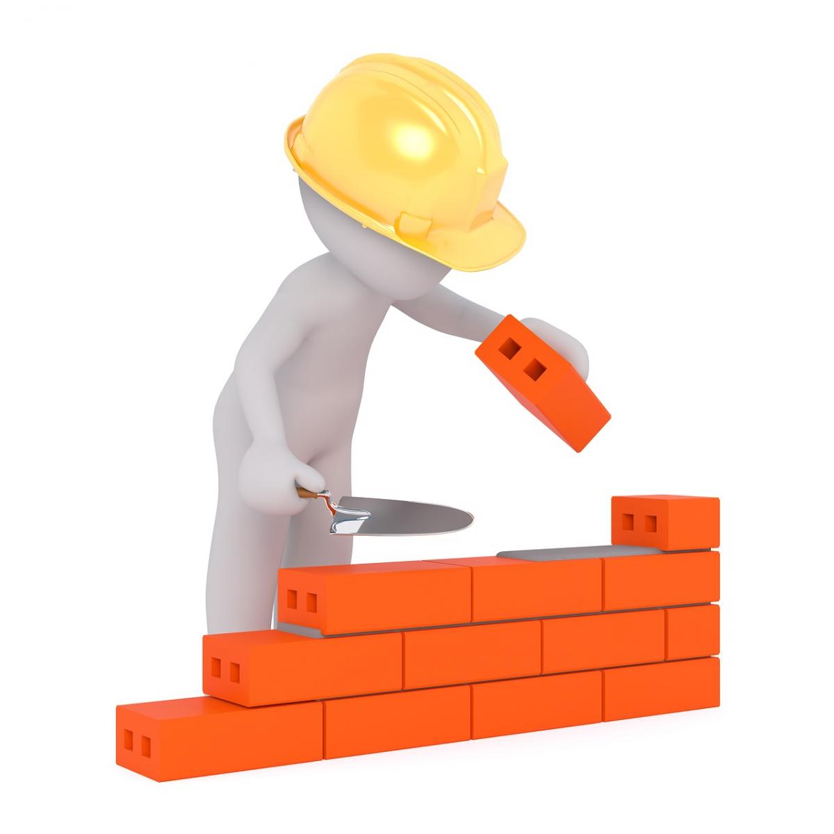 Cartoon construction worker building wall with bricks
