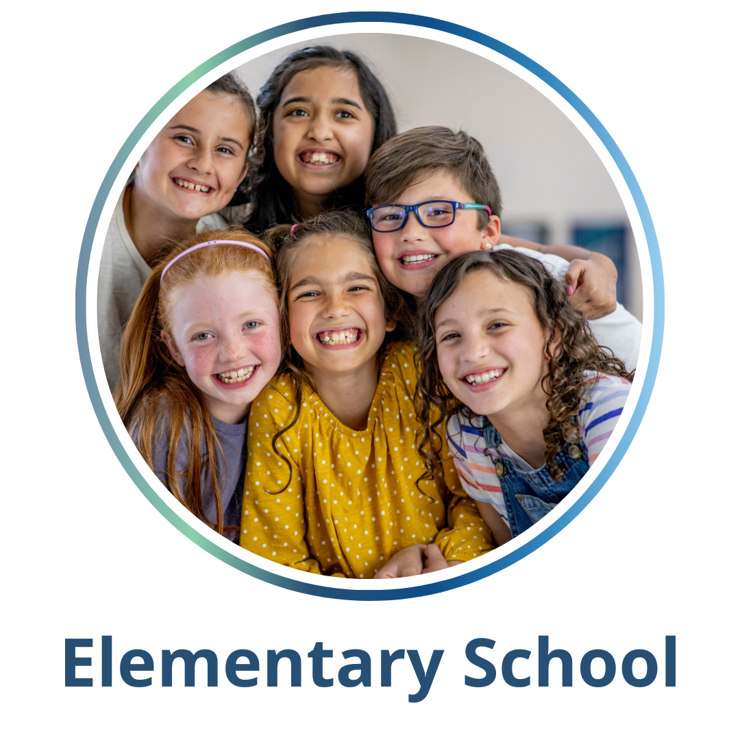 Students smiling at the camera with the world elementary underneath