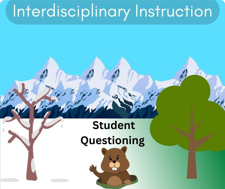 Mountain landscape with text: Interdisciplinary Instruction, student questioning