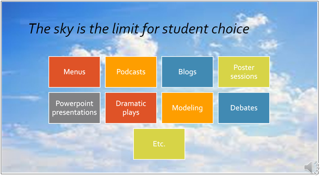 The sky is the limit for student choice: menus, podcasts, blogs, poster sessions, PowerPoint presentations, dramatic plays, modeling, debates, etc.