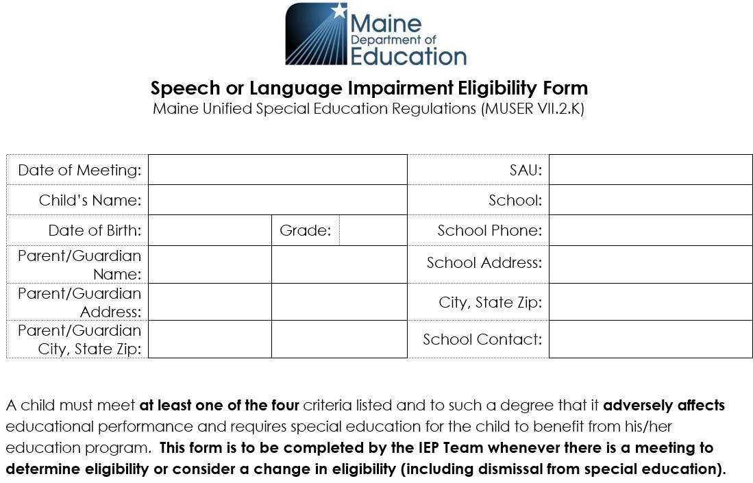 Speech or Language Impairment Eligibility Form