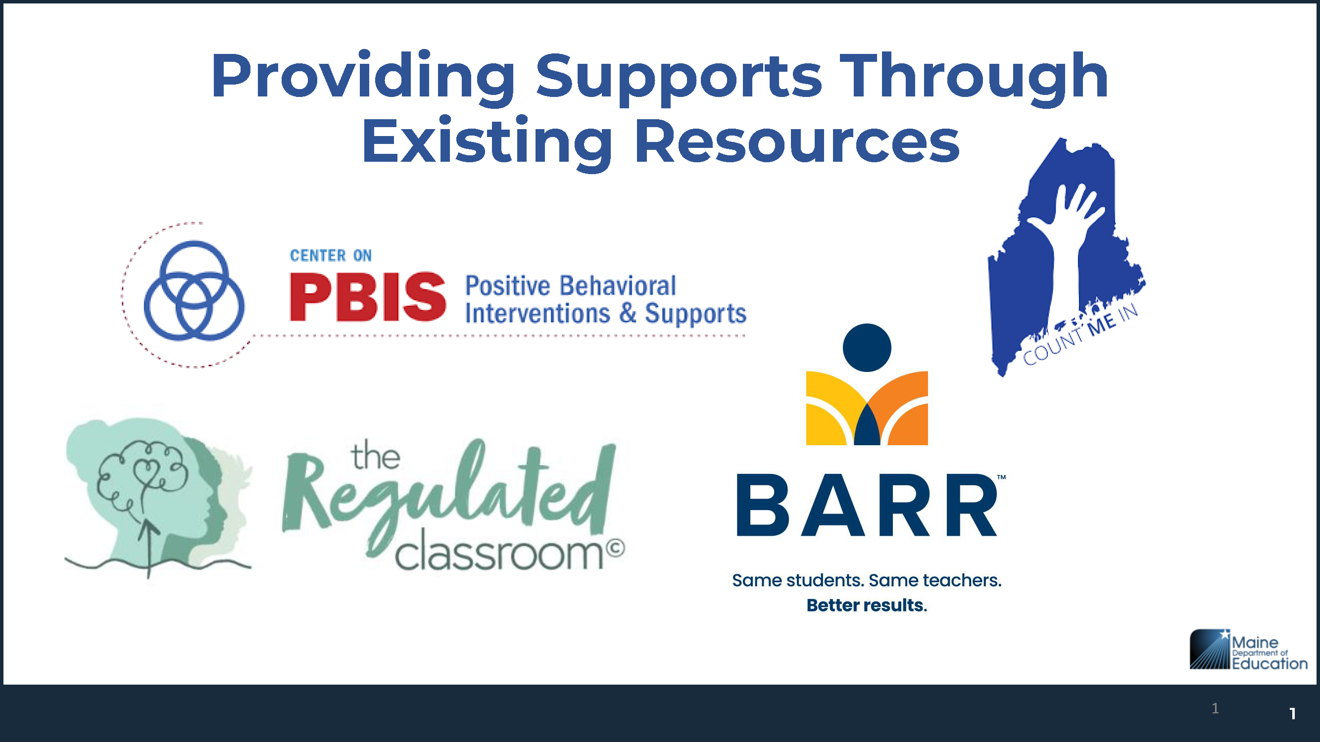 Partnerships slide with PBIS, The Regulated Classroom, BARR, and Count ME In