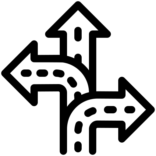 three arrows pointing in different directions representing diverging roads or paths