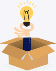 a hand holding an idea lightbulb coming out of a box