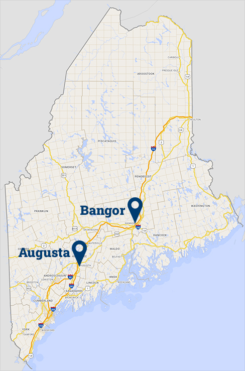 Potted locations Augusta and Bangor on a map