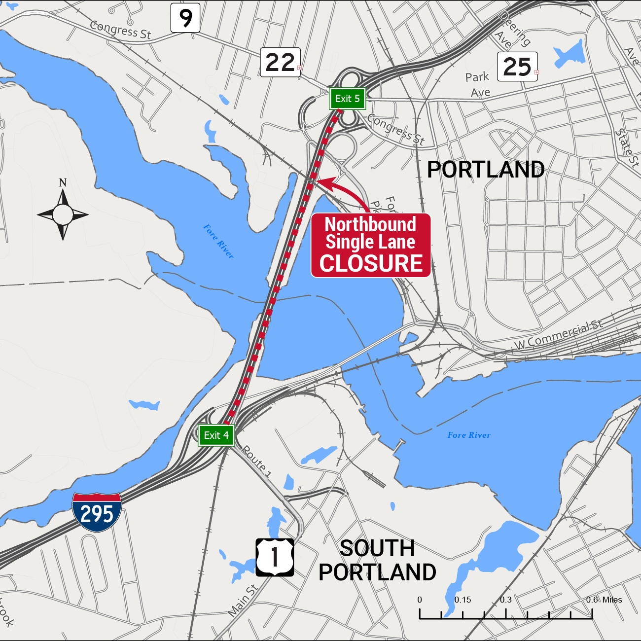 Portland I-295 Northbound Single Lane Closure