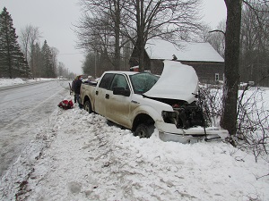 Topsfield Fatal white truck with major front-end damage.